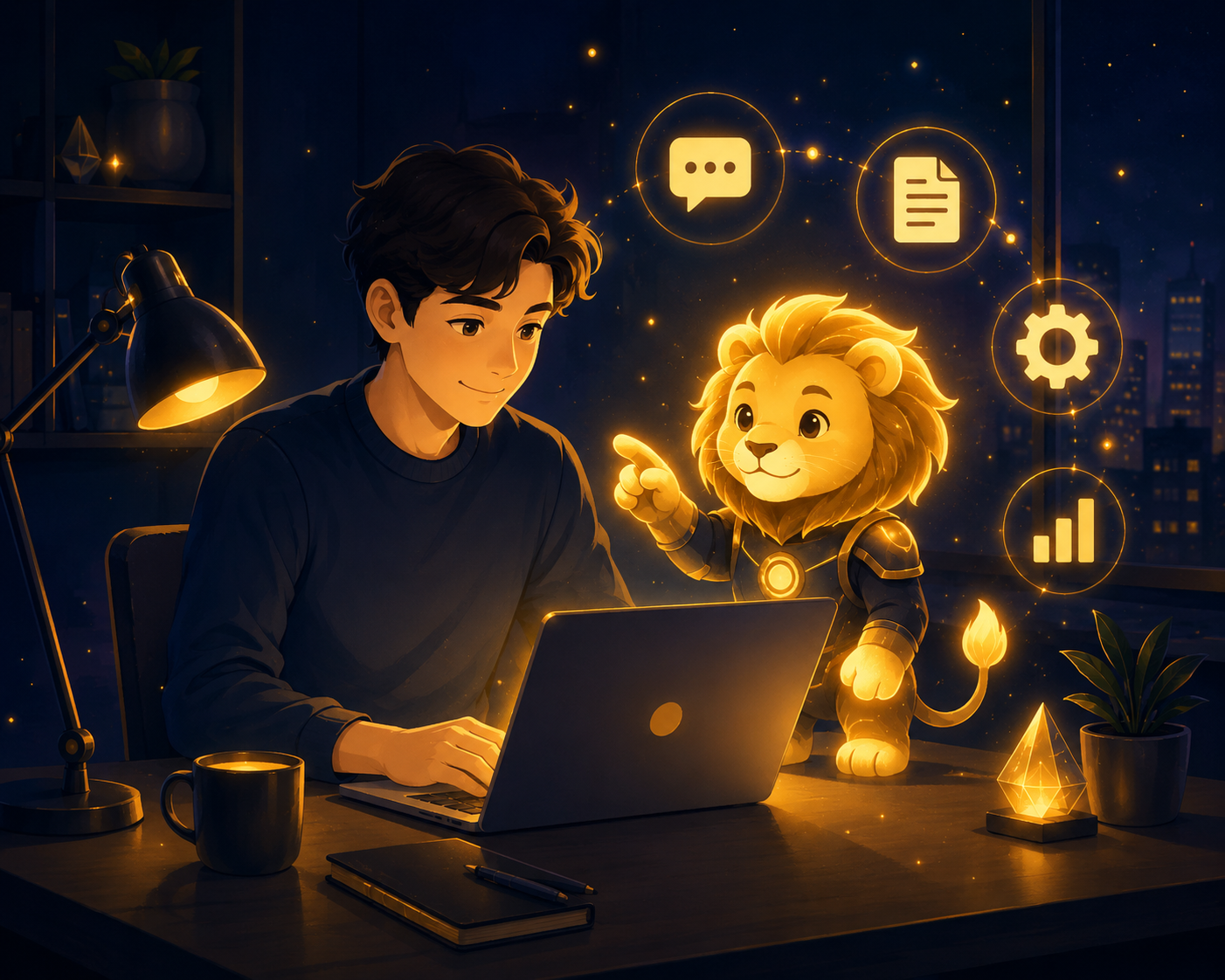 創業者與發光的小獅 AI 助理在深夜一起用筆電工作，Hermes Agent AI 助理示意圖