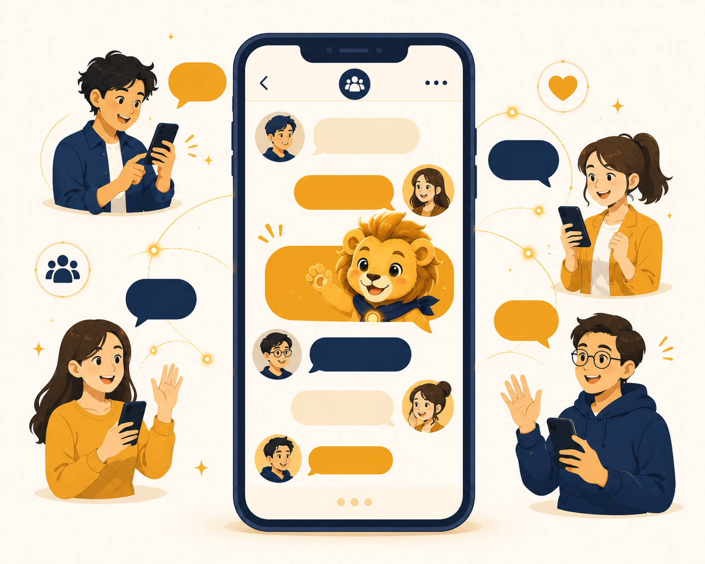 小獅 AI 在 LINE 群組聊天裡跟大家互動的示意圖